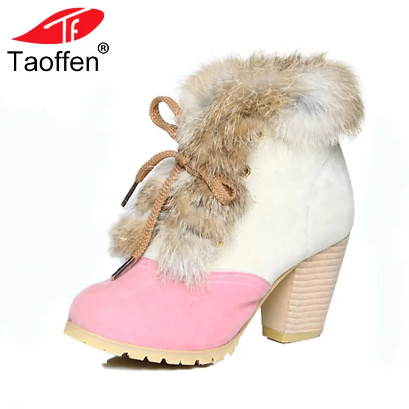

Size 34-45 Women Snow Boots Winter Warm Thick Fur Shoes Vintage Lace Up High Heels Rubber Sole Ankle Boots Shoes Woman