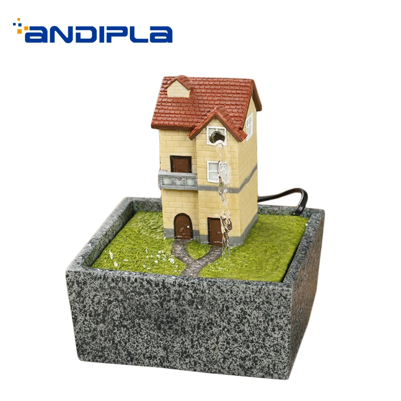 

110/220V Pastoral Style Natural Resin House Shape Water Fountain Household Mini Decoration Crafts for Birthday Gifts Souvenir