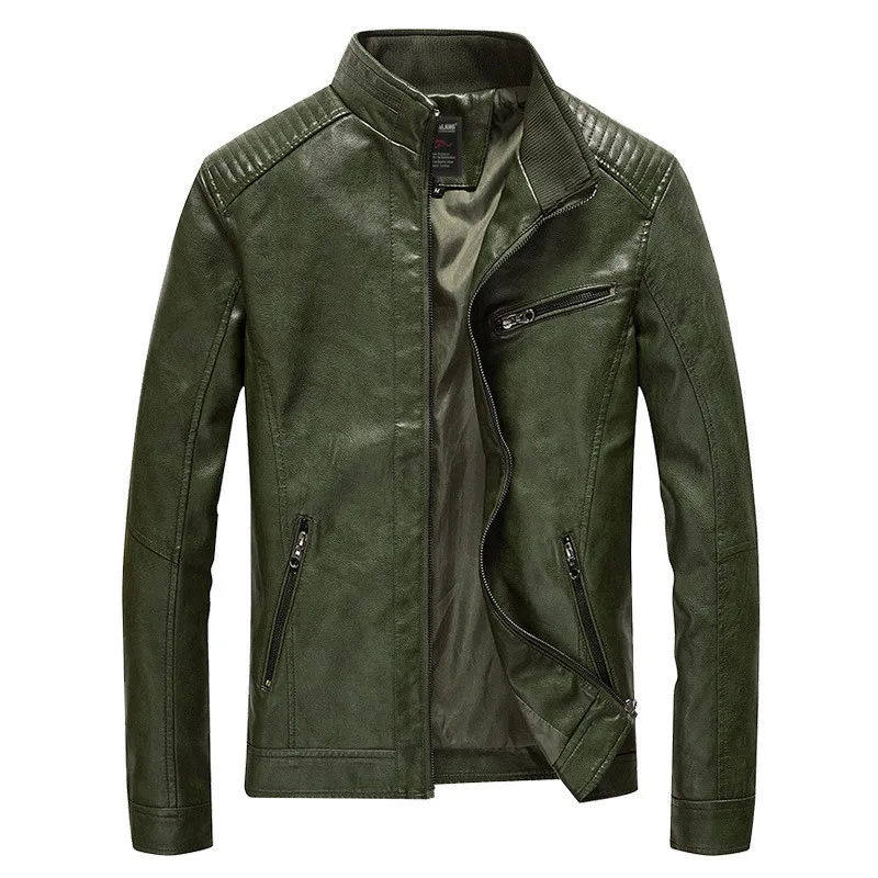 FGKKS, качественная брендовая мужская кожаная куртка, Осень-зима, мужская кожаная куртка со стоячим воротником, ПУ пальто, мужские толстые кожаные куртки - Цвет: Green