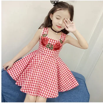 

Plaid dress a-line vintage casual costume casual princess gown summer sleeveless girls clothes square collar mini dress red blue