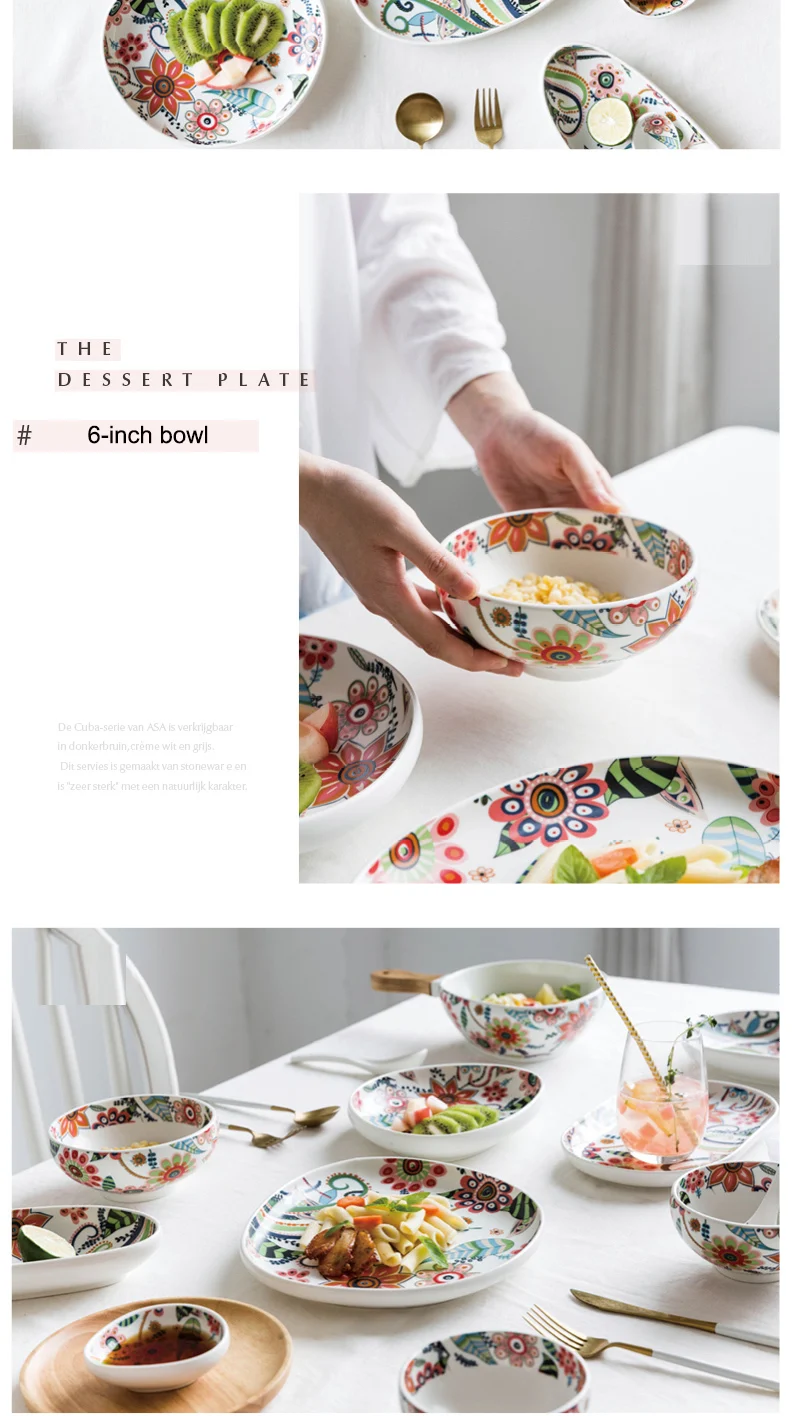 EECAMAIL богемный этнический стиль цветы матовая глазурь костяного фарфора тарелка чаша для риса керамическая Бытовая блюда для бифштекса блюдо европейский стиль