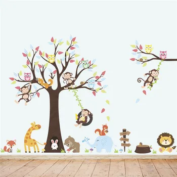 

Cute Animals Big Tree Wall Stickers For Kids Room Decoration Cartoon Monkey Giraffe Elephant Safari Mural Art Diy Home Decals
