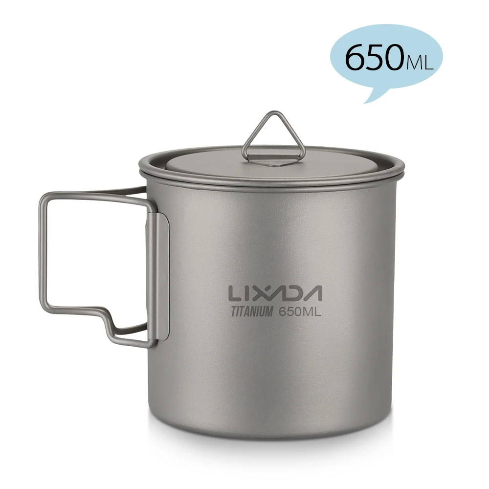 Lixada Ultralight Titanium Cup Pot Outdoor Portable Camping Picnic Water Cup Mug with Foldable Handle 300/350/420/550/650/750ml