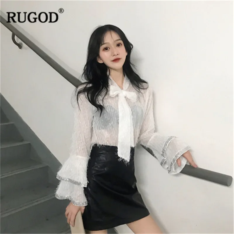 

RUGOD 2019 Sweet women tops bow-knot tied collar perspective lotus leaf sequin blouses elegant korean style spring haut femme
