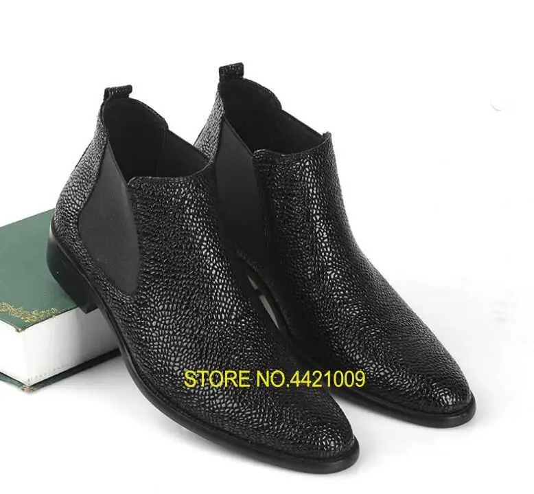 Bottes Talon Cuir Slip On Casual Robe Cheville Bande Black Med De Noir Orteils Pointés Top Chaussures Véritable High Élastique Hommes v0mwNn8O