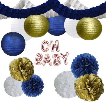 

15PCS White Navy Blue Gold Tissue Paper Pom Pom + Streamers Garland + Paper Lantern+ OH Baby Letters Balloons Nautical Themed