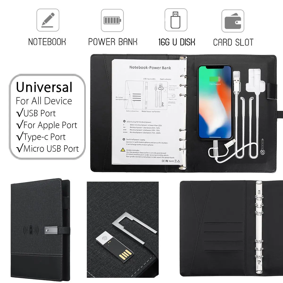 8000 мАч запасные аккумуляторы для телефонов Винтаж тетрадь Multi функциональный ноутбук зарядки записная книжка в переплете дневник с USB Флэш