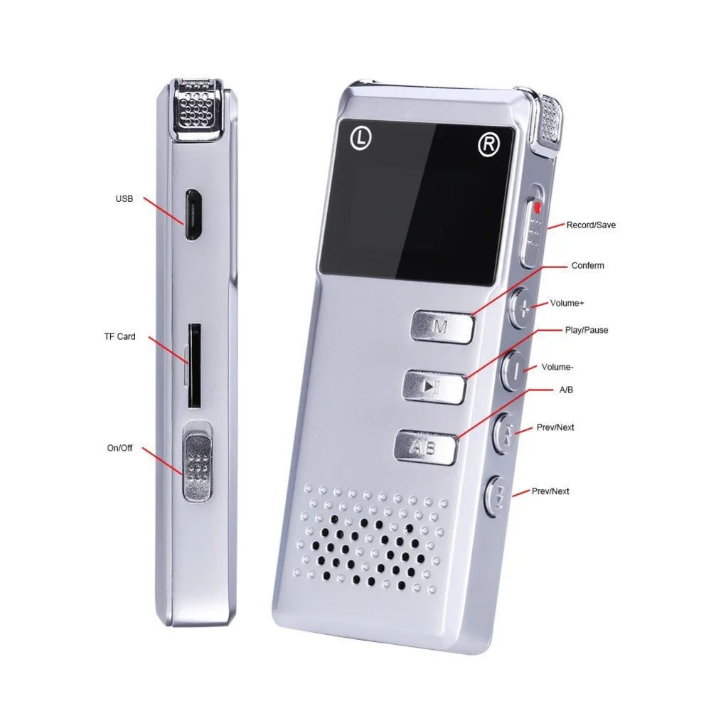 Portable 8GB Digital Audio Voice Recorder Dictaphone Stereo Recording with MP3 Player Support TF card -Gray Consumer Electronics