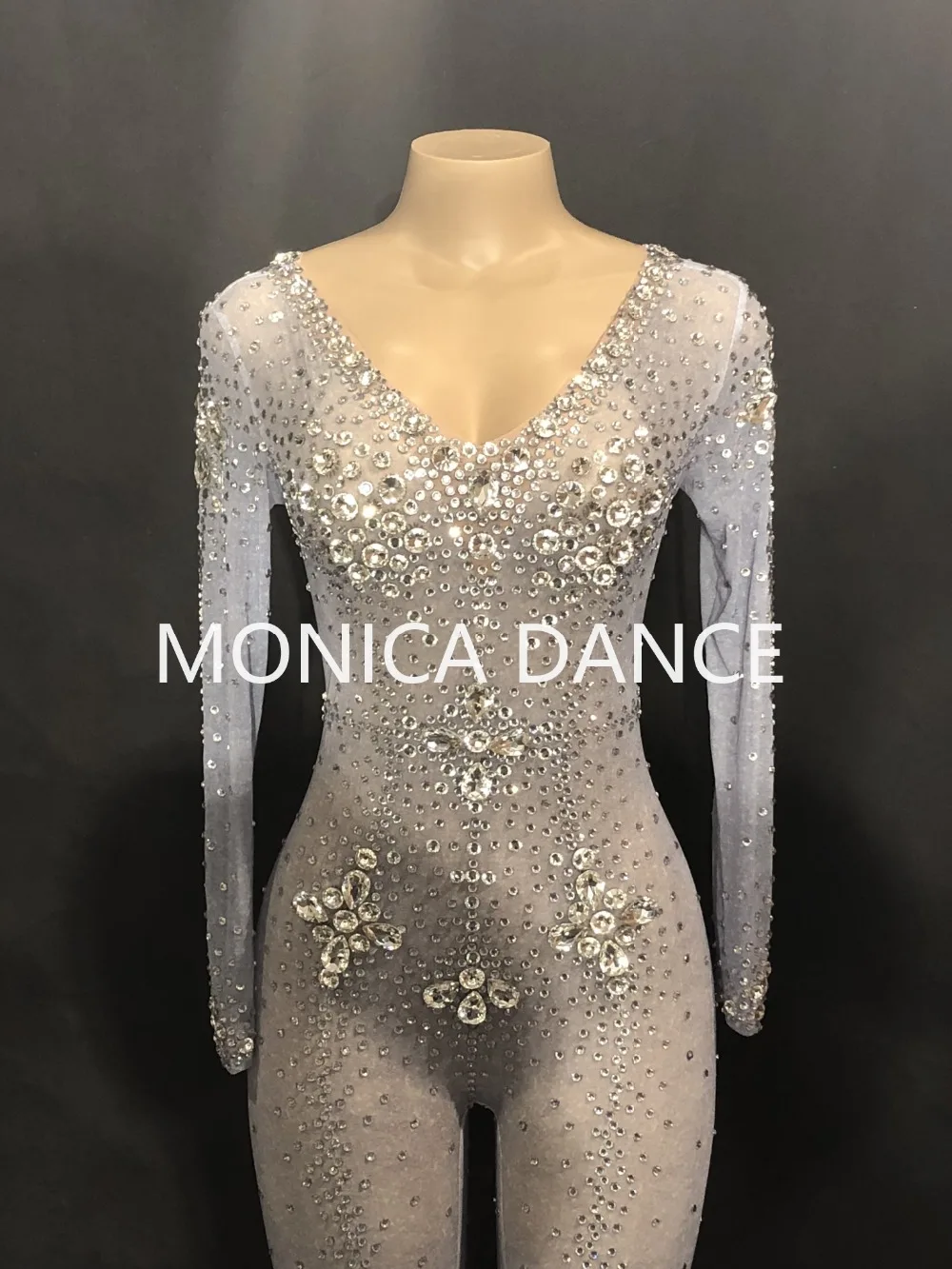 Femmes Verre Danse Salopette Chanteur Jumpsuit Costumes Porter Discothèque Sexy Body Net Mousseux Grand Stage Cristaux Bling Parti Danseur Fil rax1rHXwn