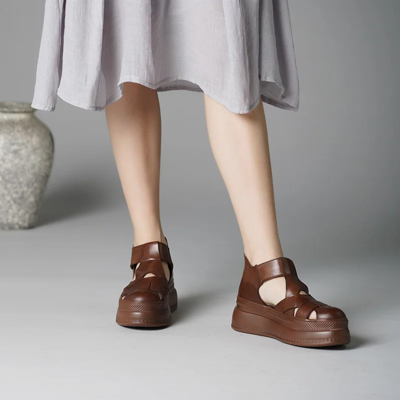 

2019 Platform Sandals For Women Genuine Leather Round Toes Summer Handmade Vintage Comfortable Lady Shoes Flat Sandals
