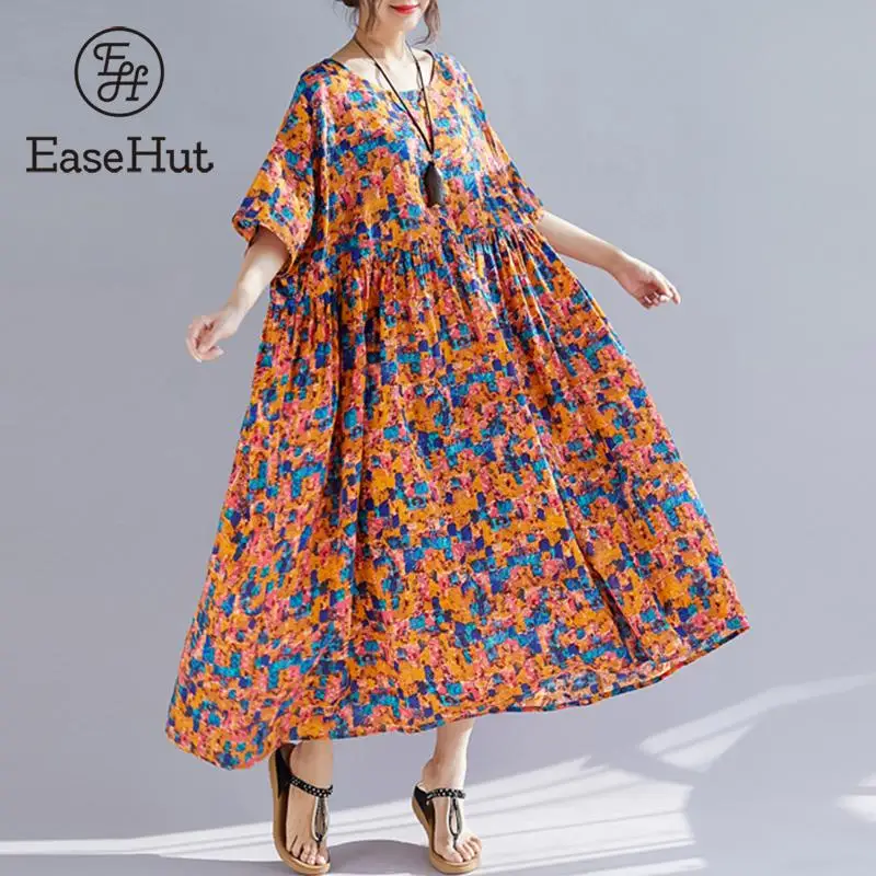 

EaseHut Women Oversize Dress Colorful Printed High Waist Pleated Swing Robe Loose Casual Sundress Holiday Multicolor Dresses