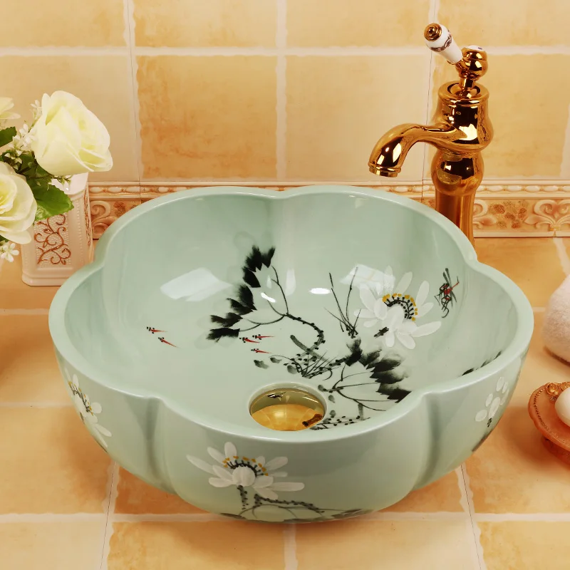 Изображение в китайском стиле lotus керамическое блюдо с рисунком арт Lavabo Ванная комната сосуд раковины круглый Счетчик Топ умывальник формы цветка