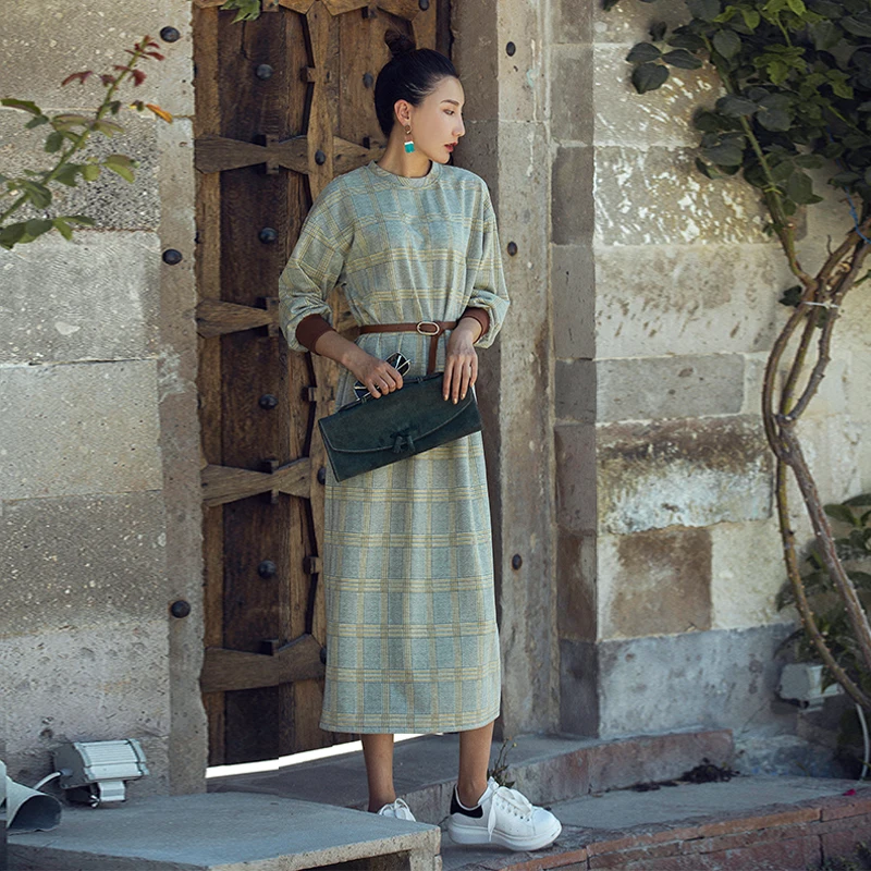 VERRAGEE retro women 2018 new fashion ankle-length plaid England Style long vintage maxi dress