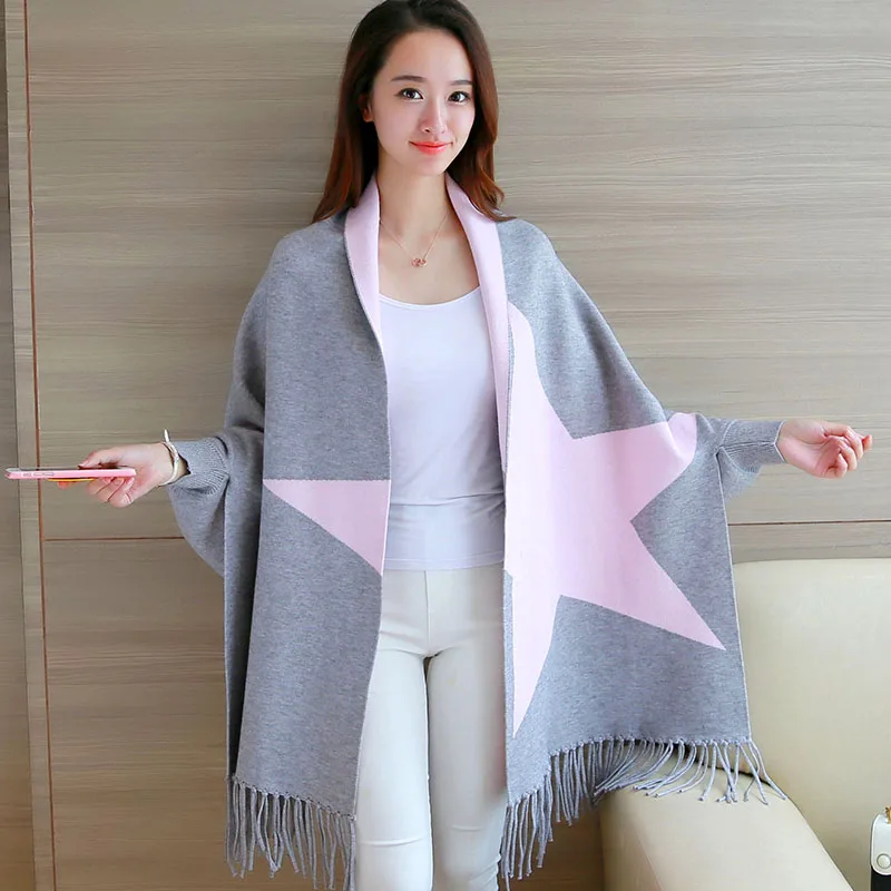 women's doubles new winter long knitted shawl cardigan sweater coat surface wear long sleeve cloak tassel knitwear star print