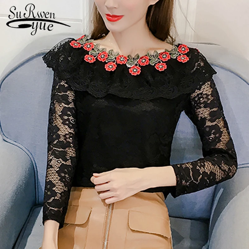 2018 модные кружевные женские топы blusas сексуальное кружево Женская блузка рубашка