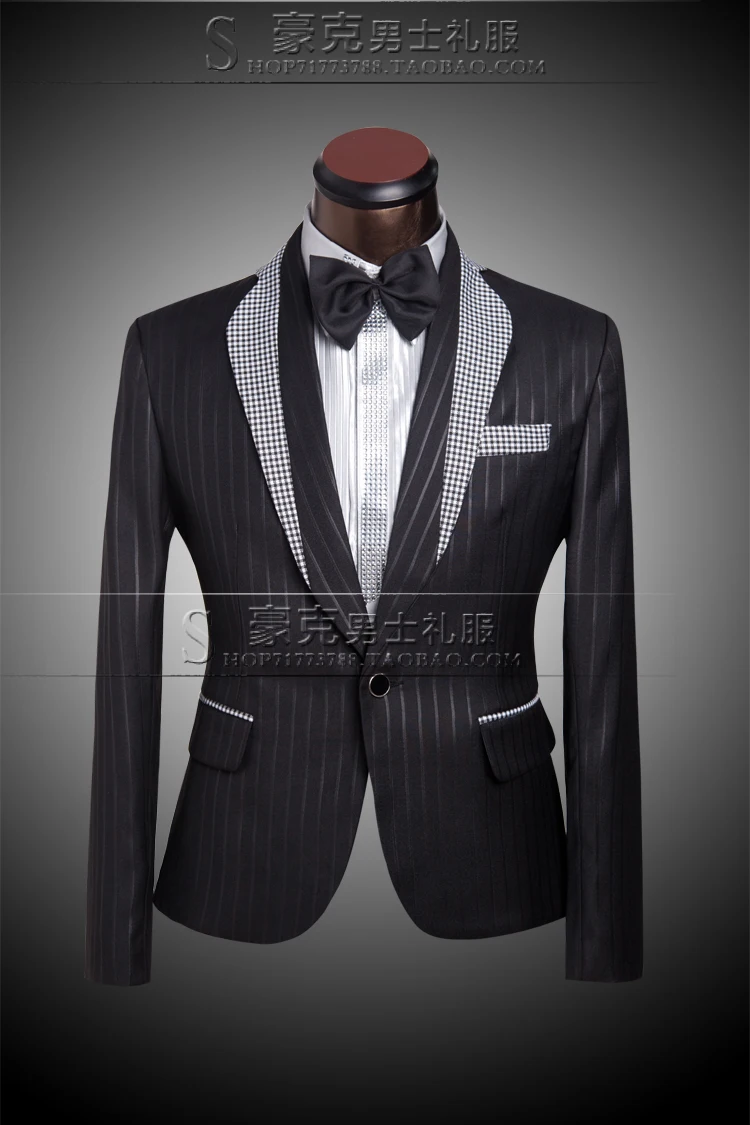 New mens black pinstripe suit jacket lapel plaid tuxedo latest coat
