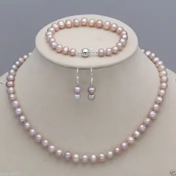 

Genuine 7-8MM Natural Lavender Akoya Cultured Pearl Necklace Bracelet Earrings