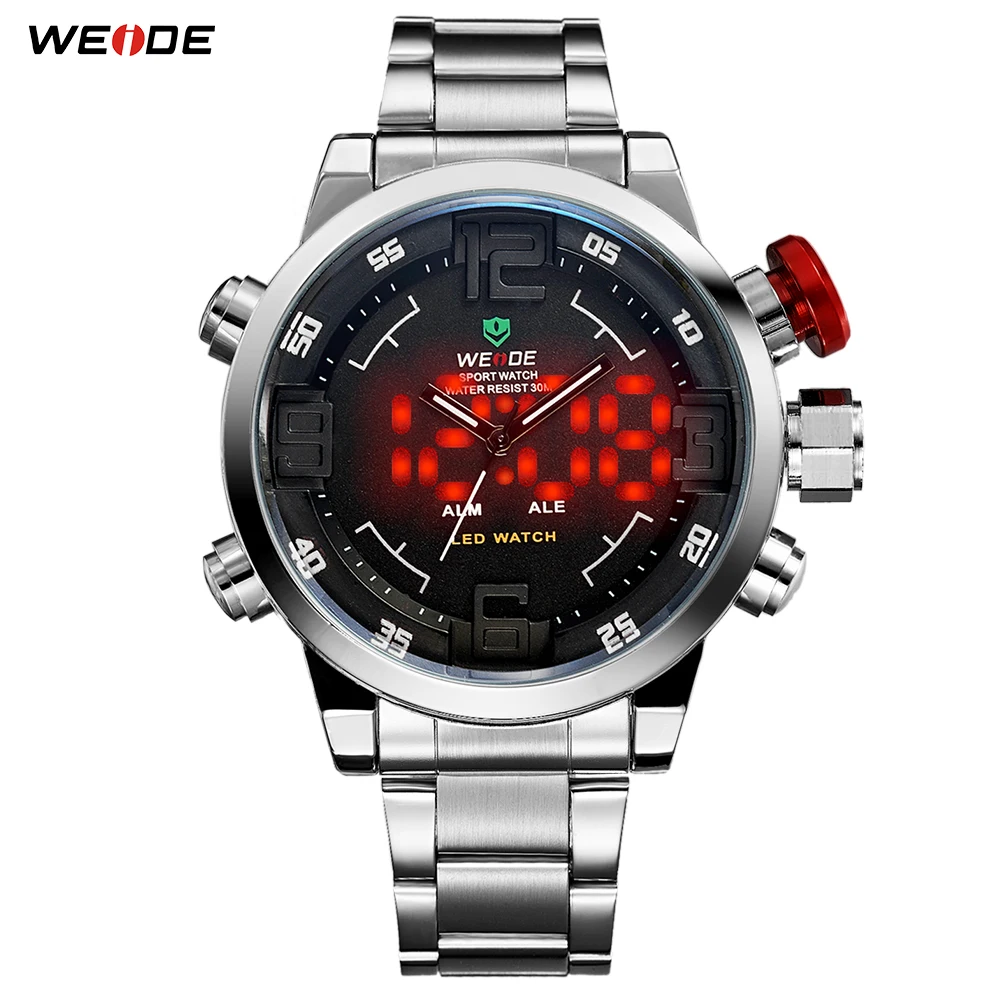 

WEIDE Luxury Silver Stainless Steel Watch Men Quartz Digital LED Dual Movement Alarm Auto Date Waterproof Fashion Casual Clock