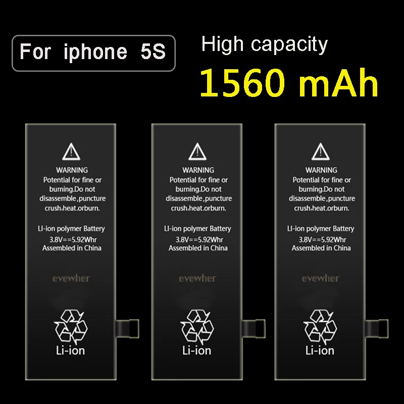 

evewher For iPhone 5S Battery 1560mah new Mobile Phone Battery Capacity Sticker Replacement Batteries for iphone5S