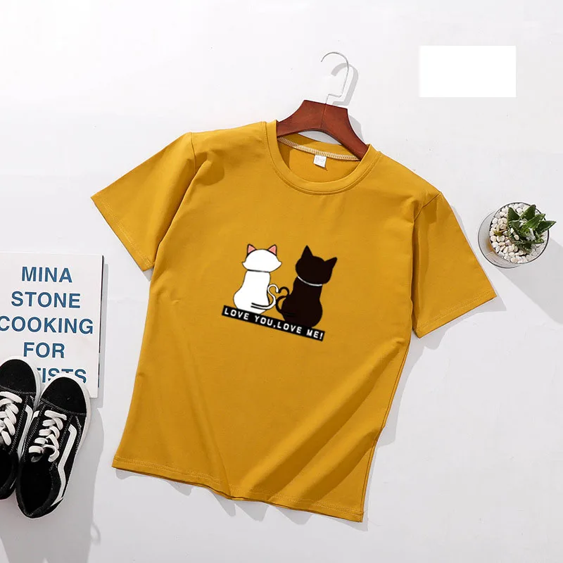 اثنين من القطط طباعة المرأة تي شيرت الربيع الصيف قصيرة الأكمام يا الرقبة القطن دنة النساء قمم المحملات يتأهل النساء تي شيرت