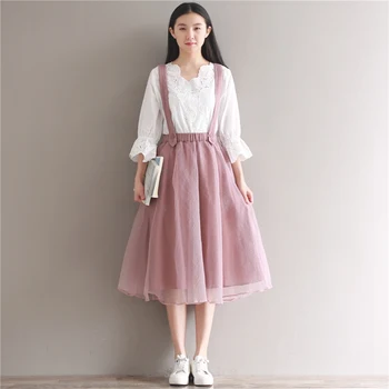 

Tulle Skirts Womens High Waist Skirt Vintage Lolita Petticoat faldas saias jupe Pink Casual Loose Strap Skrt