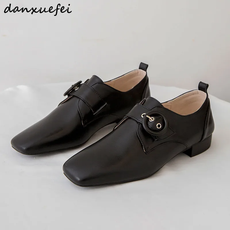 

Women's real leather metal buckle ballerinas square toe soft comfort espadrilles spring new female footwear ballet flats shoes