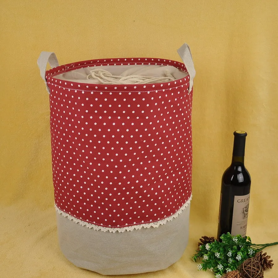 Free shipping Folding Red linen polka dotted storage bucket fabric