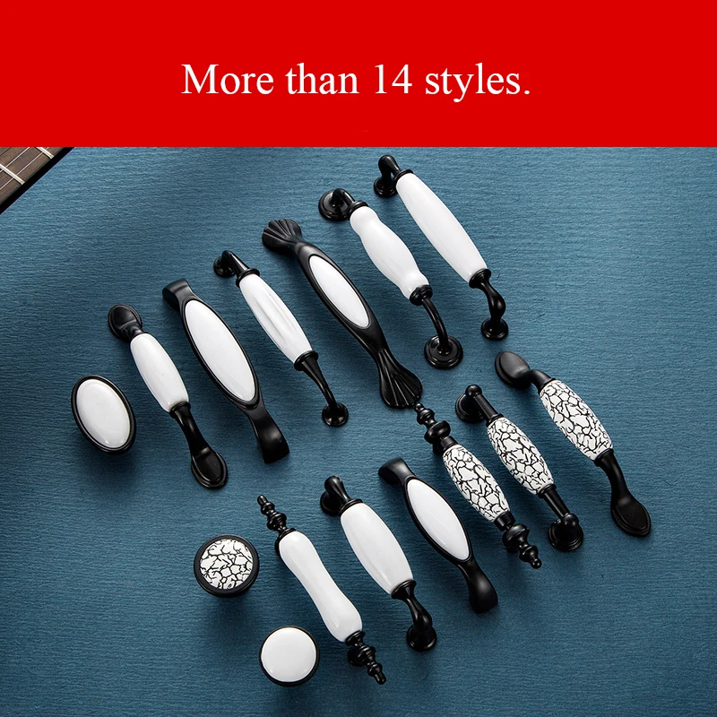 Черно-белые дверные ручки в стиле кантри, керамические ручки для выдвижных ящиков, ручки для кухонного шкафа и ручки для мебели