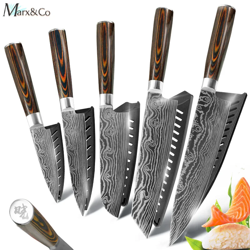 Billige Küche Messer Set Chef Messer 7CR17 440C High Carbon Edelstahl Stahl Damaskus Zeichnung Fleisch Hackmesser Slicing Santoku 5 Stück Set