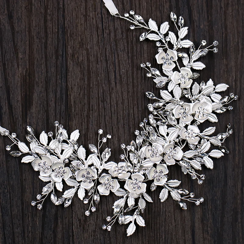 

Silver Floral Bridal Headband Tiara Wedding Hair Accessories Handmade Hair Vine Crystal Headband Hair Jewelry For Bride
