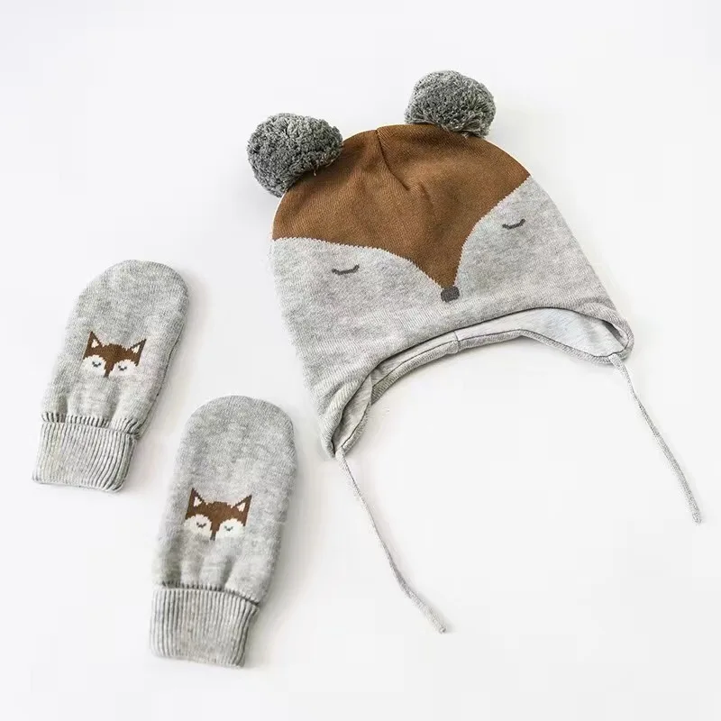 Хлопковая детская шапка + шарф перчатки с вышивкой Little Fox вязаные детские шапочки