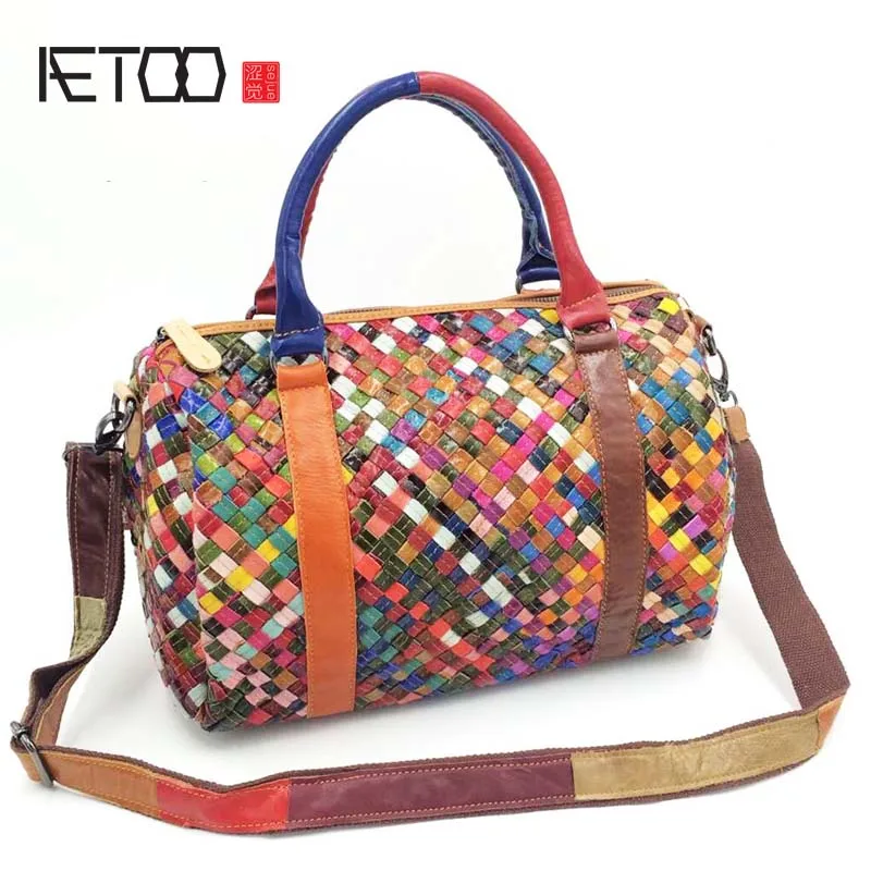 

AETOO Women Messenger Bags sheepskin Patchwork Crossbody Bag large knitting Shoulder Bags large capacity For Women