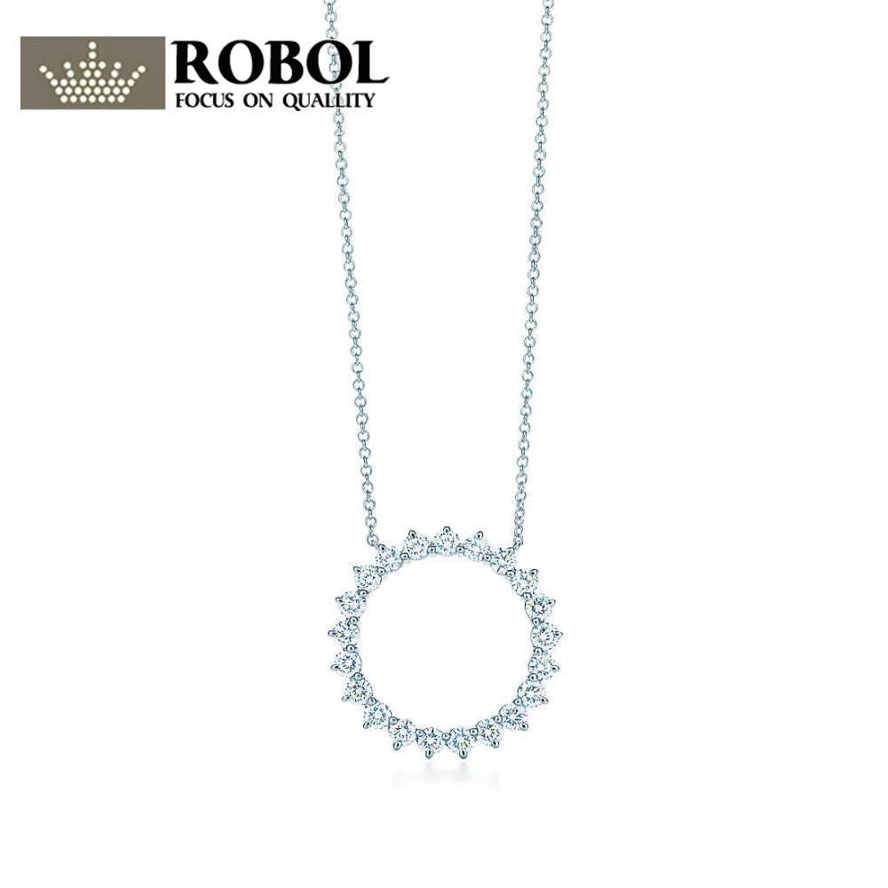 

ROBOL Charm 925 Sterling Silver Shining Jewel Sun Pendant Necklace Original Women Pendant Clavicle Chain Retro Simple TIFF