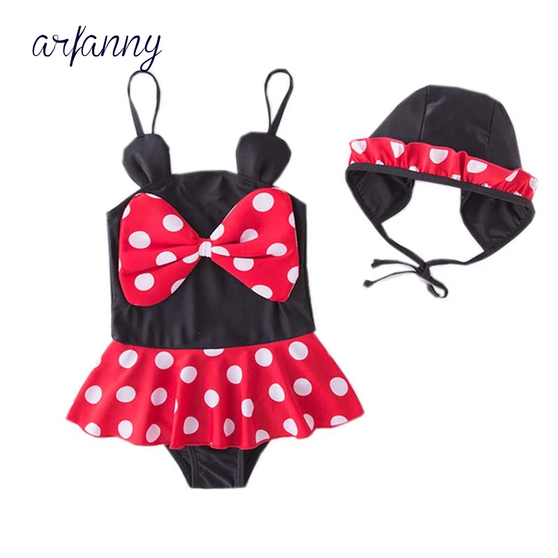 

2019 Stylish Baby Girls Polka Dot beachwear bathsuit Swimhat Swimwear Children Minnie Swimsuit 9m-6y Girl Kids Swimsuit suit