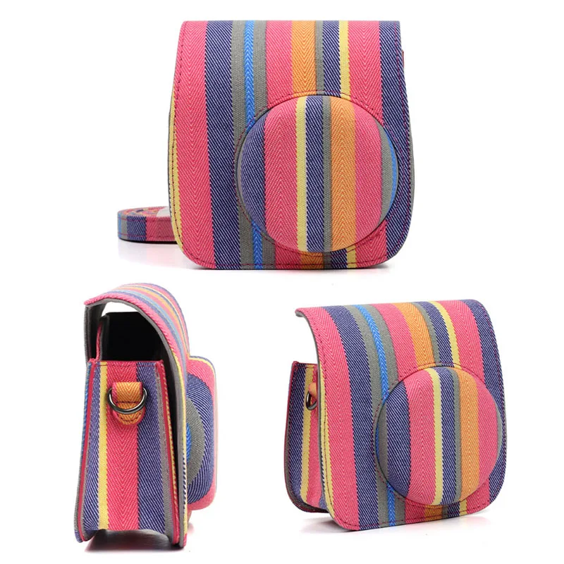Цветочный узор из искусственной кожи камера защитная сумка на плечо чехол Чехол для Fujifilm Instax Mini 8 8+ 9 корпус камеры с ремешком - Цвет: Color stripe