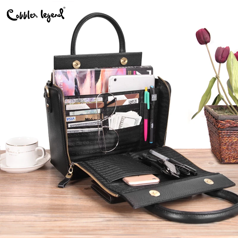 

Cobbler Legend Super Organizer Handbag Genuine Leather Black Messenger Bag Designer Top Handle Bags Women Tote Soft Satchel 2019