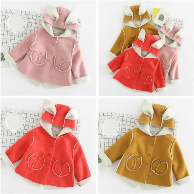 Cartoon Rabbit ears Children Coat Button Closure Hooded Jacket Outerwear Suede Fabric Coats Autumn Winter Kids Clothing | Детская одежда