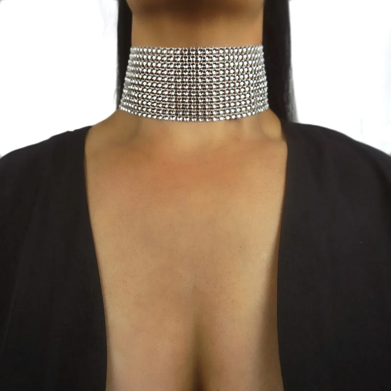 Luxury Silver Blue Rhinestone Choker Necklace Multilayer Crystal Mesh
