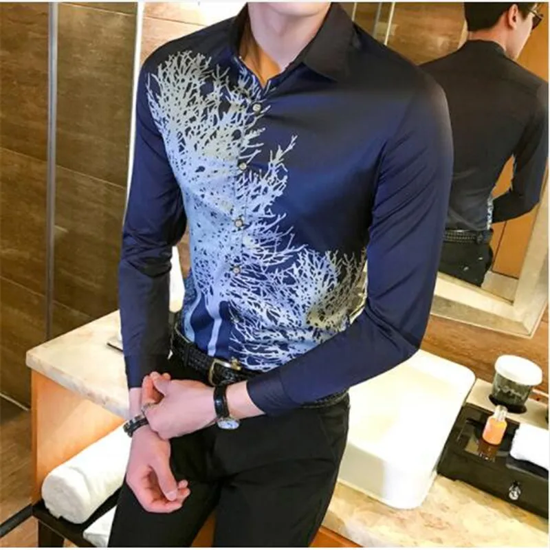 Вечерние мужские рубашки Camisa Social Masculina, приталенные мужские рубашки больших размеров, черные, белые, синие, с большим принтом, Клубная мужская одежда