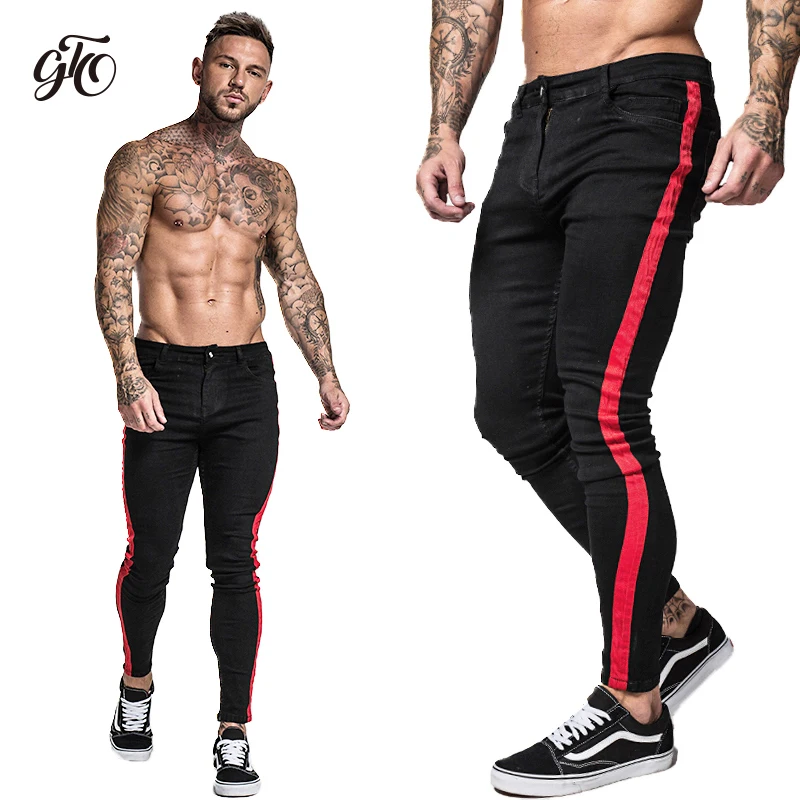 Skinny Jeans Men Yellow Stripe Mens Skinny Biker Jeans Denim Super Spray on Factory Direct Supply Dropshipping Big Size zm68