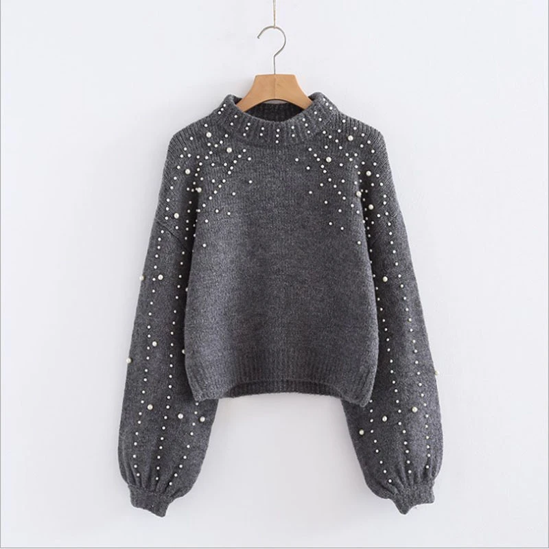 Gray Sweaters CHICEVER Жемчуг Бисероплетение свитера для женщин О-образный вырез фонарь рукав свободные трикотажные пуловеры Топы Женская модная одежда Новинка - Цвет: Gray Sweaters