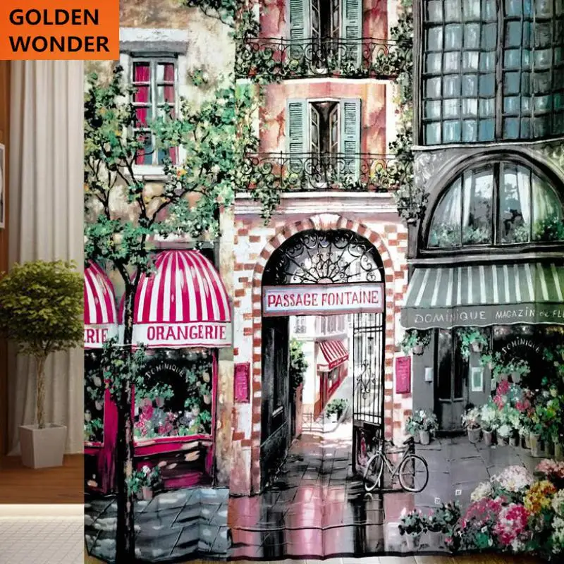 

Free Shipping Shower Curtain Street Corner Cafe House European Thickness Polyester Bathroom Products Beach Shower Curtain