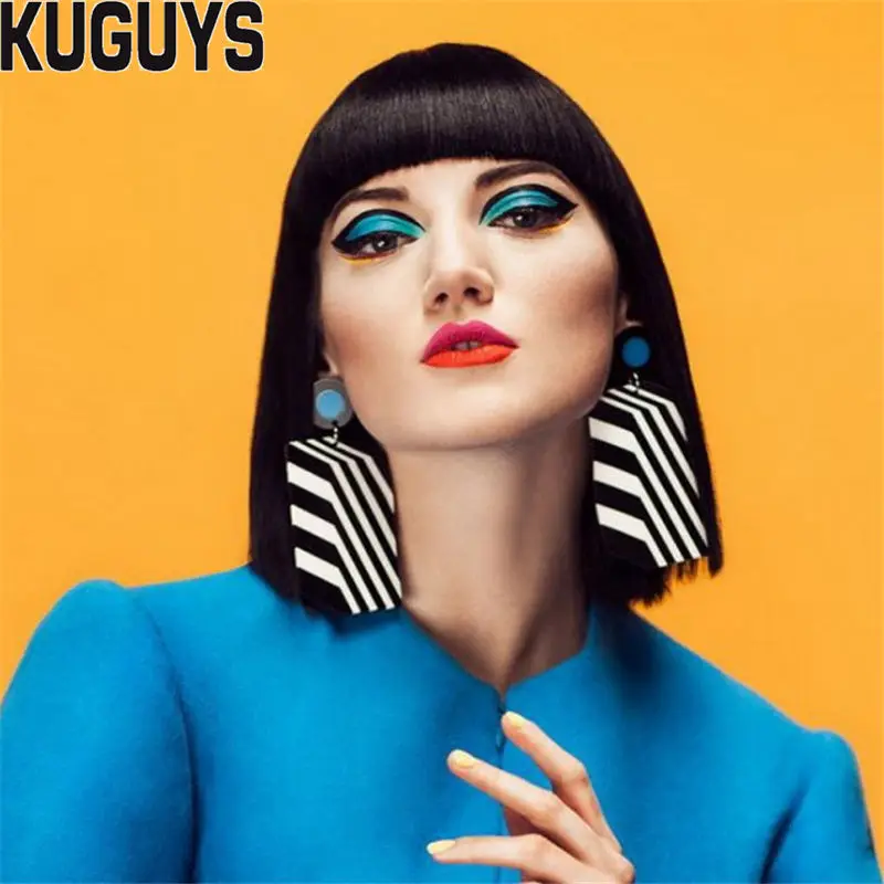 

KUGUYS Fashion Jewelry Acrylic Hyperbole Square Big Earrings for Women Trendy Black White Stripe Drop Earring Oorbellen Brincos
