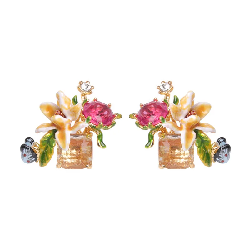 

Enamel Glaze Lily Flower Red Gem Lovely Butterfly Earrings For Women 925 Silver Needle Romantic Elegant Stud Earring New 2018