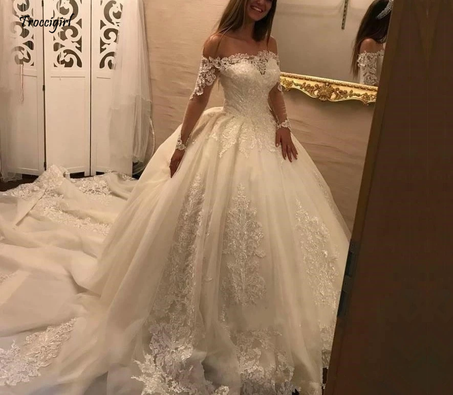 

New Arrival Wedding Dresses Ball Gown 2019 robe de mariage Boat Neck Lace Long Sleeve Tulle Bridal Gowns