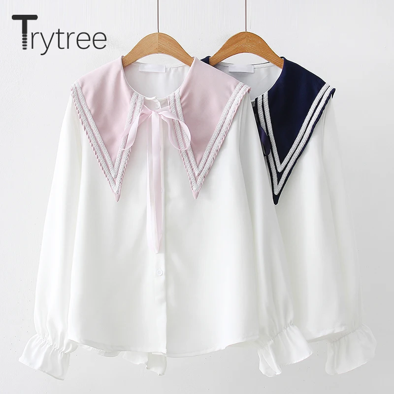 

Ttytree Autumn Blouses Casual shirt Women Polyester Peter pan Collar Bow Butterfly Sleeve Single-breasted Lovely Tops Shirts