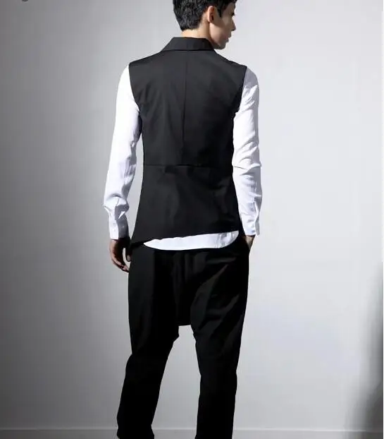 Корейский стиль мужской без рукавов черный костюм жилет Модный стильный неправильный мужской повседневный жилет D33