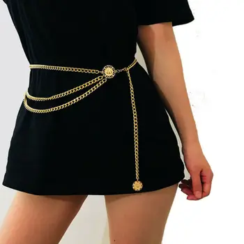 

2019 Women Fashion Belt Hip High Waist Gold Narrow Metal Chain Chunky Fringes
