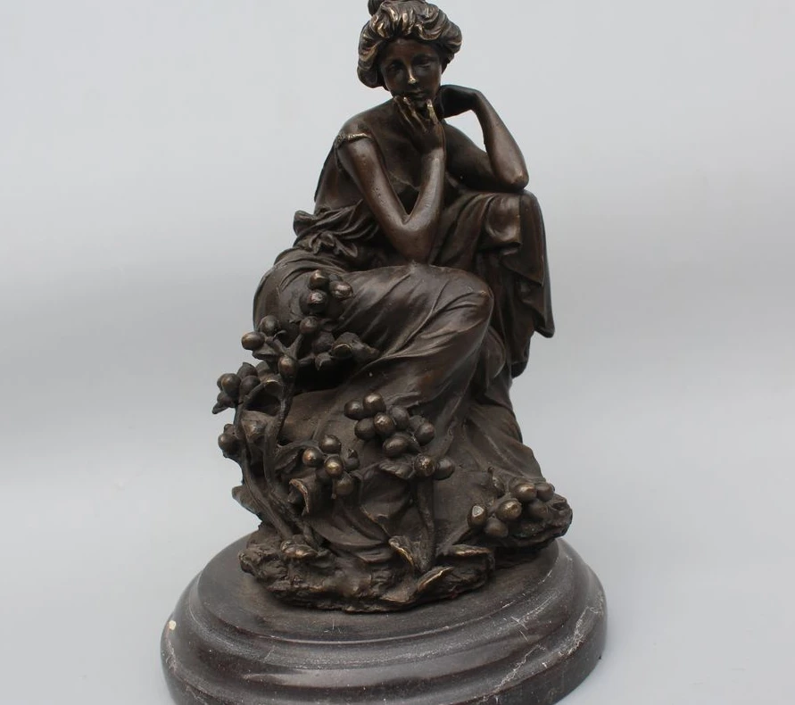 

8"Western Bronze Marble Seat Fruit oomph nude woman belle Art Statue sculptue