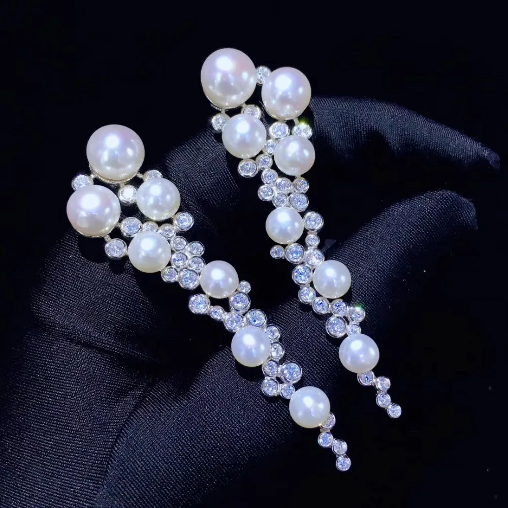 Hot 925 Sterling Silver Zircon Beads Pearl Long Tassel Ear Stud Drop Earrings